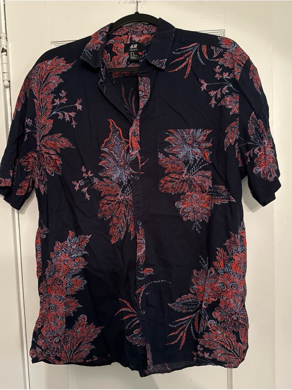 H&M Navy Button-Down Shirt with Red and Light Blue Floral Print